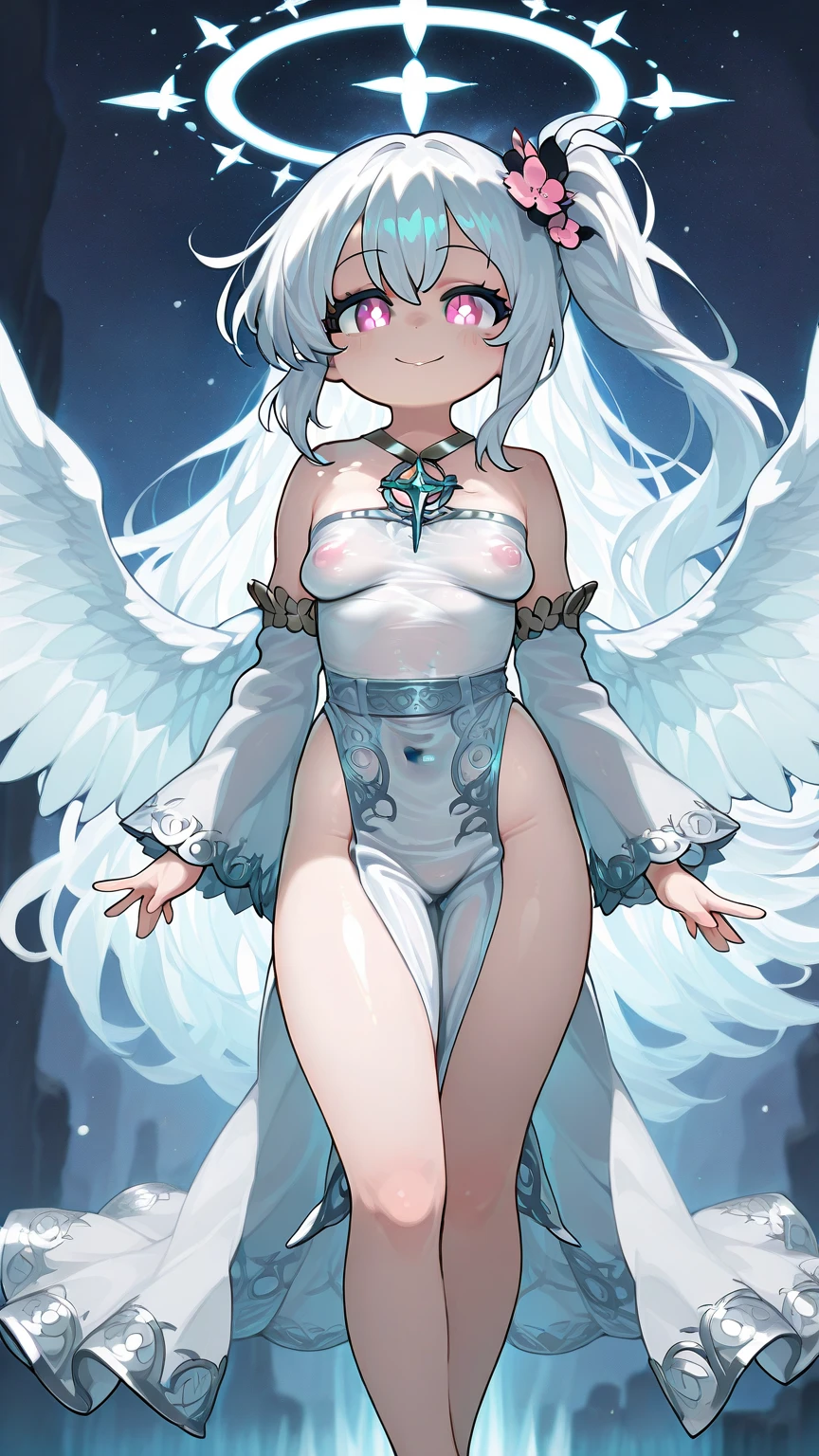 (masterpiece, best quality:1.3), 1girl, solo, looking at viewer, wide hips, mature female, closed mouth, small breasts, cowboy shot, thick thighs, Emily, angel, angel wings, halo, long hair, smile, blue eyes, white hair, (grey skin:1.2), colored skin, light blue sclera, very long hair, white dress, open mouth