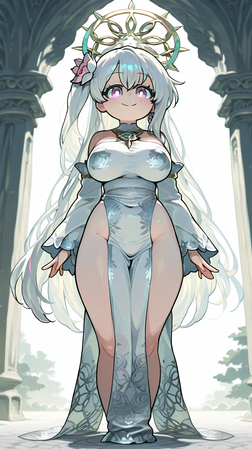 (((1 woman))), ((detailed blue eyes)), ((long silver hair)), large breasts, perfectly drawn body, narmaya, seductive smile, white nightgown, best quality, masterpiece, ultra-detailed