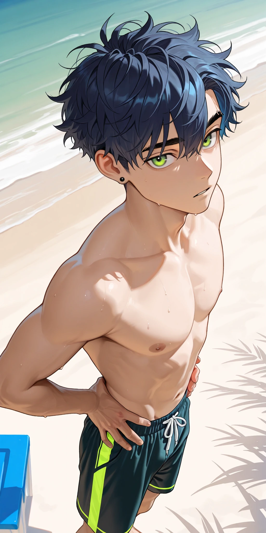 (masterpiece), ((sfw)), best quality, expressive eyes, perfect face, mature male, (1boy, adult Man), young adult, young man, solo, Green hair BREAK ahoge, blue eyes BREAK topless male, male swimwear, :/, looking at viewer, grass, landscape, ocean, palmtree, blue sky, standing,