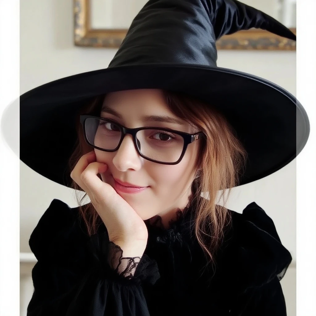 (masterpiece, best quality:1.2), more detail, in a castle, mid light, night, upper body , portrait,portrait of astrodomina, black glasses, sit, creepy smile, brown eyes , horror, scary, red lips,witch, witch clothes, creepy, demon eyes, sexy lingerie , cape, witch hat , black clothes, in an old cabin in the wood in mountains, black|brown hair<lora:Astrodomina:1><lora:more_details:0.2>