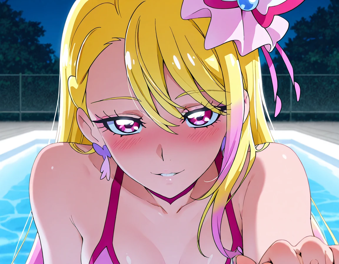 Blonde、Swimwear、Highest quality、high resolution、8K,Highest quality、Star-shaped pupil、The best smile、long hair、Pink Eyes、ponytail、Cowboy Shot、One person