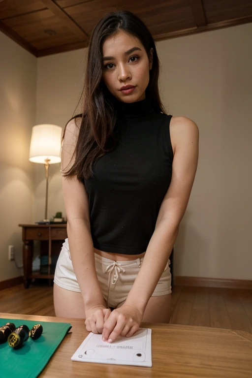 ana de armas, photo, highly detailed, sitting on sofa, vagina, facing camera, low angle, short skirt, tank top,