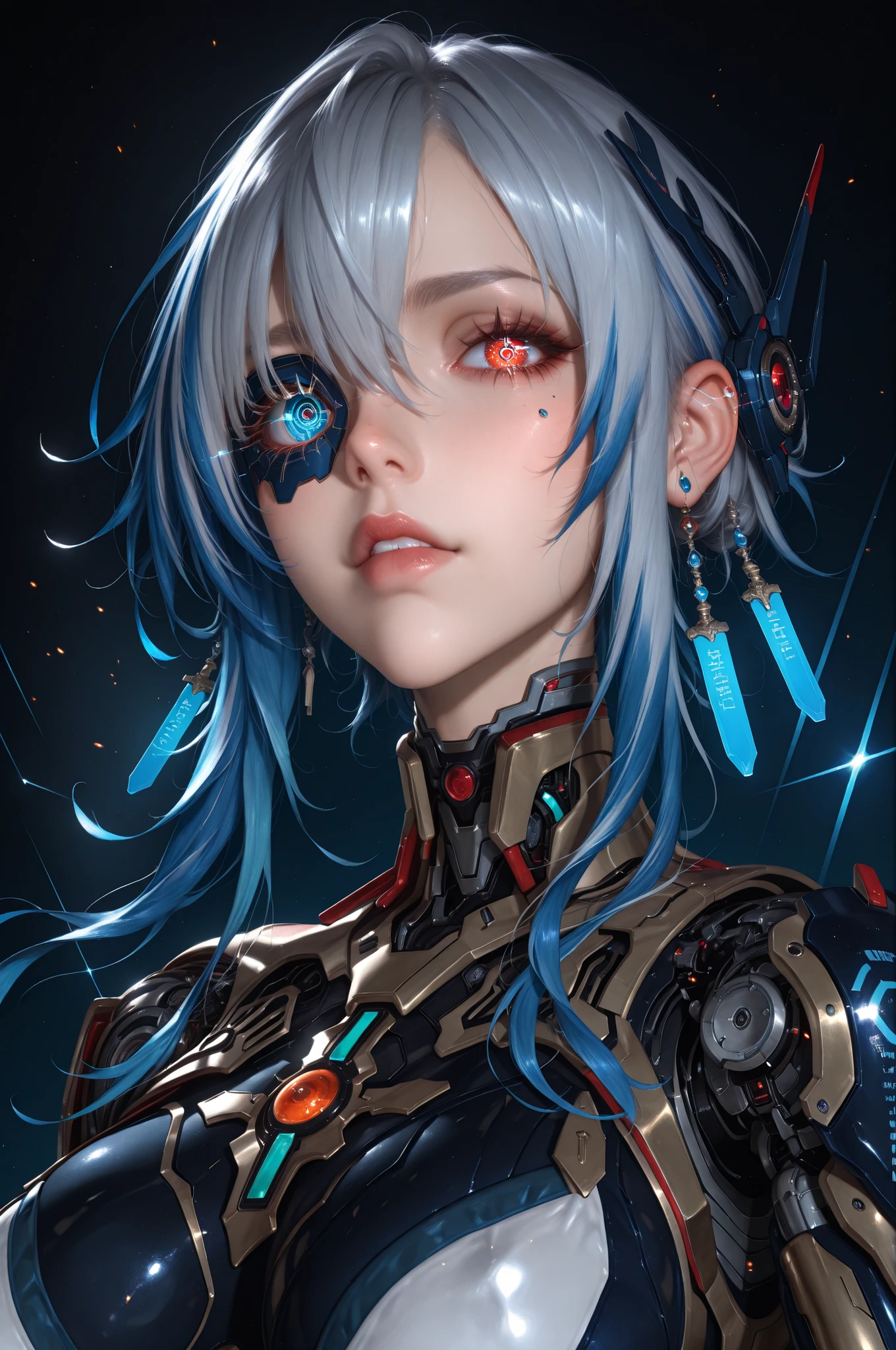 score_9, score_8_up , score_7_up , UHD, Masterpiece, amazing quality, very aesthetic, absurdres, ultra-detailed, break, masterpiece, best quality, ultra-detailed, 8k, illustration, (Cyborg's Eye:1.5, Cybernetic Eye:1.7, dynamic angle:1.3), Extreme macro close-up of a single cybernetic eye with a floating holographic HUD clearly projected in 3D space in front of the eye, not within it, featuring concentric circles with a bright cyan center point, multiple layers of translucent blue-white circular interfaces with data readouts and scanning information, similar to Iron Man's JARVIS but in cyan colors, the interface analyzing targets with visible metrics and digital data flowing around the rings, dark background to highlight the blue-white glow, photorealistic detail, 8K, concept art by Ash Thorp and Maciej Kuciara
