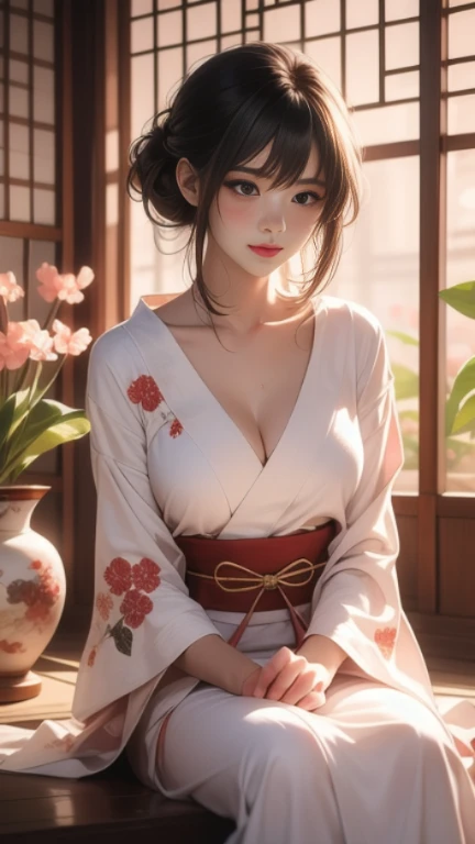 (Highest quality、Masterpiece、high resolution、8ก)、Ukiyo-e pictures、bright colors、Utamaro、or range、Flower of Yoshiwara、1 flower.、whole body、Japanese-Style Room、It is a tatami room..、Candlelight、Utamaroの絵のモデル、prostitute'Her hair is black and beautiful.、decoration、The kimono is white with a red floral pattern.、sit、sit sideways、The kimono was flipped up., Revealing bare skin.、One hand holds the fan on.、Model details'Gestures and facial expressions、official art、CG details、