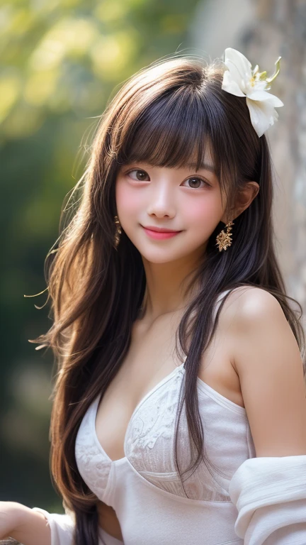 (high-definition CG unified 8K wallpapers)、(masterpiece)、(Top image quality)、(ultra-definition)、(Best Illustration)、(The best shadow)、(Realism:1.4)、(PureFace_v1:0.5)、Real Human Skin、lensflare、(evening)、Back lighting、no-makeup、Many flowers、natural soft light、Hard Focus、Deep Focus、((non-blur))、(Gaze towards the viewer)、Shot from a low position、Knee shot、Beautiful navel、女の子1人、(Under 10 years old)、独奏、Sunburned skin、Petite and thin girl、Beautiful fingers in every detail、Glossy ordinary nails、thighs thin、(Very young Japan beautiful girl)、small nostrils、A clean and healthy smile、Soft lips、pale cherry colored lips、(rather thin eyebrows: 1.4)、shiny large black eyes、Chest flat、(flat-chest: 1.4)、(medium or semi-long black hair,:1.1)、(Beautiful girl with cute loli face:1.6)、big eye、(The corners of the mouth rise:1.4)、((Raise your hands to expose your beautiful armpits))、Triangular sitting with open feet、facing front、1 thin chest camisole、(Tight sheer white camisole)、Short camisole、Skin shines through clothing、((light colored short spats that are thin and fairly tight:1.2))、Plump round face、Sky with beautiful details、shopping mall、(smile shy:1.8)、cheeks are reddened、Eyes for hollow details、Floating hair、large eyes that are symmetrical、Small protrusions、hair clips、Rat trail section、Inside the thigh、Hamstring、No face makeup、No shoulder-to-arm clothing、Cool colored outfits for summer、