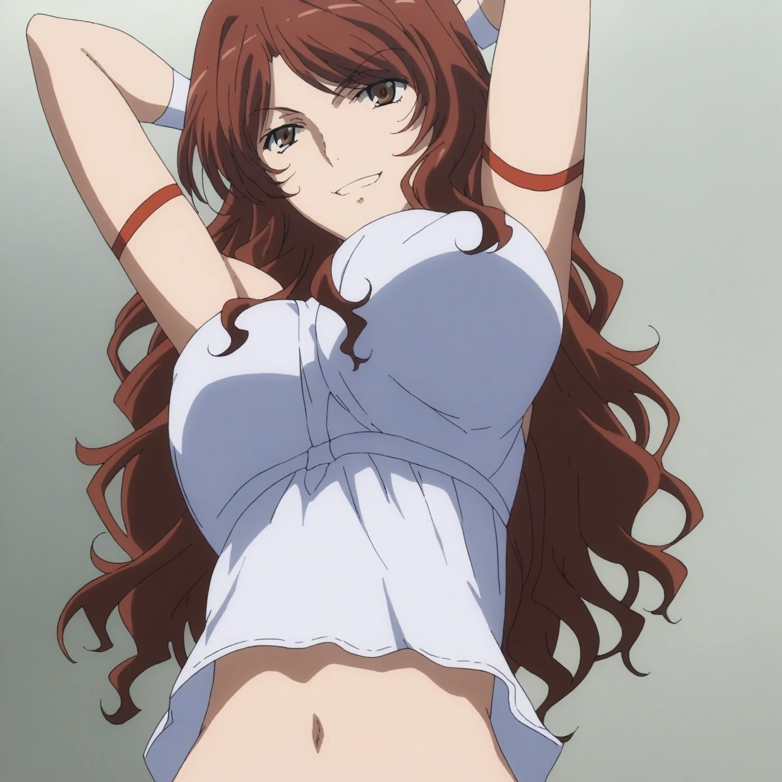 Flexing arm muscles, Karate stance, ((solo)), Best Quality, hires, curvy midsection, (tilt head, defined weak muscles, detailed muscles), smile, happy), upper body only, anime style: 1.8, anime drawing, ultra detailed face, ultra detailed body, 4k, Sumergai Lee Noriega, karate stance, best quality, anime style, hires, highest definition, digital blending, bold drawing lines, (((White Background))), ( (defined muscles), long attractive belly, slim body, ((strong arm muscles)), broad shoulders , off-shoulders, closed fists, (two bras, shorts, white gloves, , arm band, (champion belt))), (large breasts, defined cleavage, closed mouth, big bellybutton, shiny skin), (big eyes, brown eyes, shiny eyes), (reddish hair, loose hair, curly hair, wavy hair, long hair, floating hair)