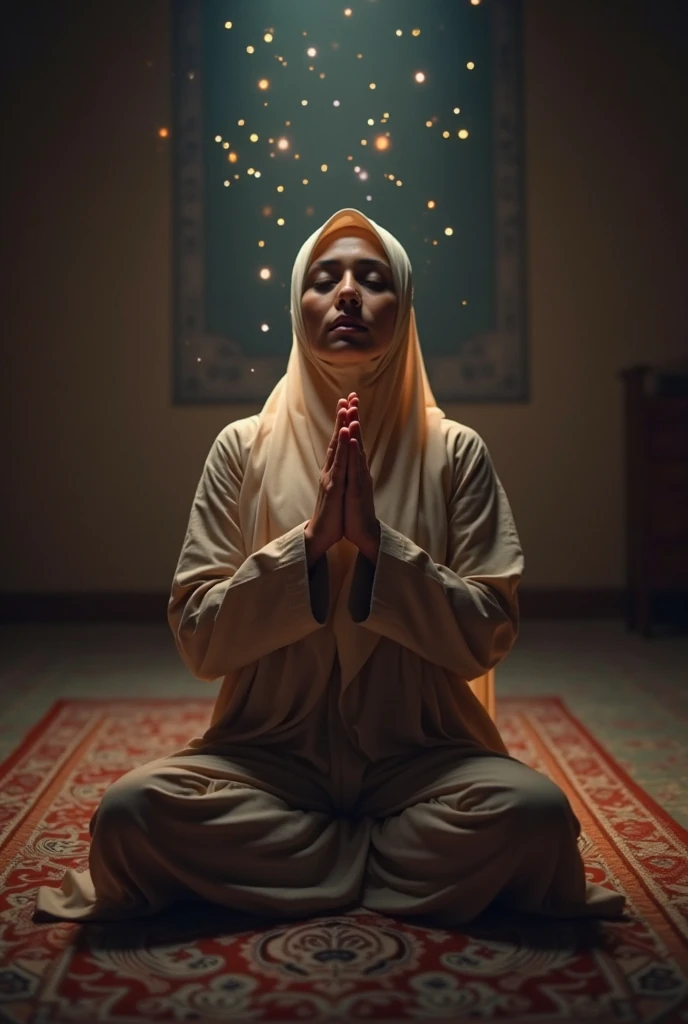 Muslim lady, wearing Muslim dress, covered her hear with hijab, sitting in peay carpet, raised her hand and looking up,
