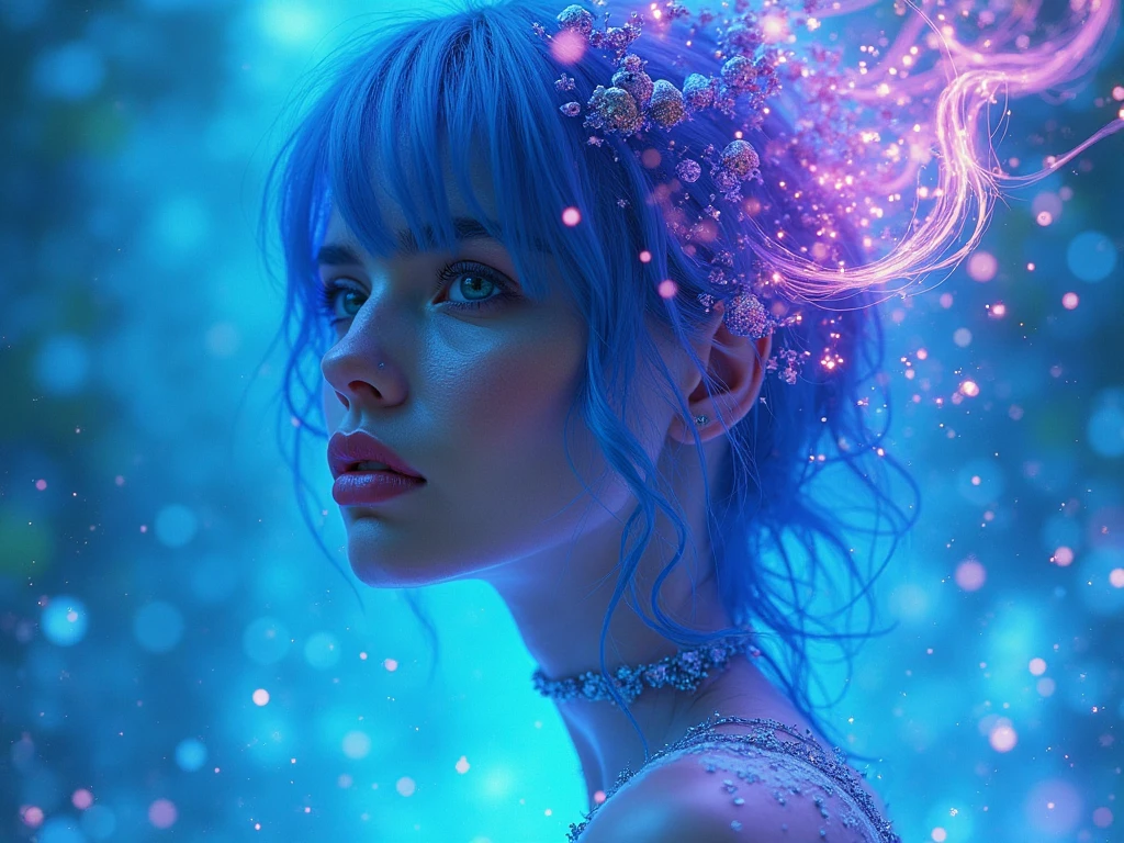 a beautiful girl,Crystal spring flower, Pink white gradient, water drop, Fantastical, galaxies, Transparent, Light blue leaves, brilliance, aqua, colorful, Magical photography of light blue leaves, dramatic illumination, Photo realism, Ultra detailed, depthoffield, high resolusion, parted bangs, silver hair, one eye closed, Sparkle, god rays, projected inset, from above, 4k, anatomically correct, UHD
