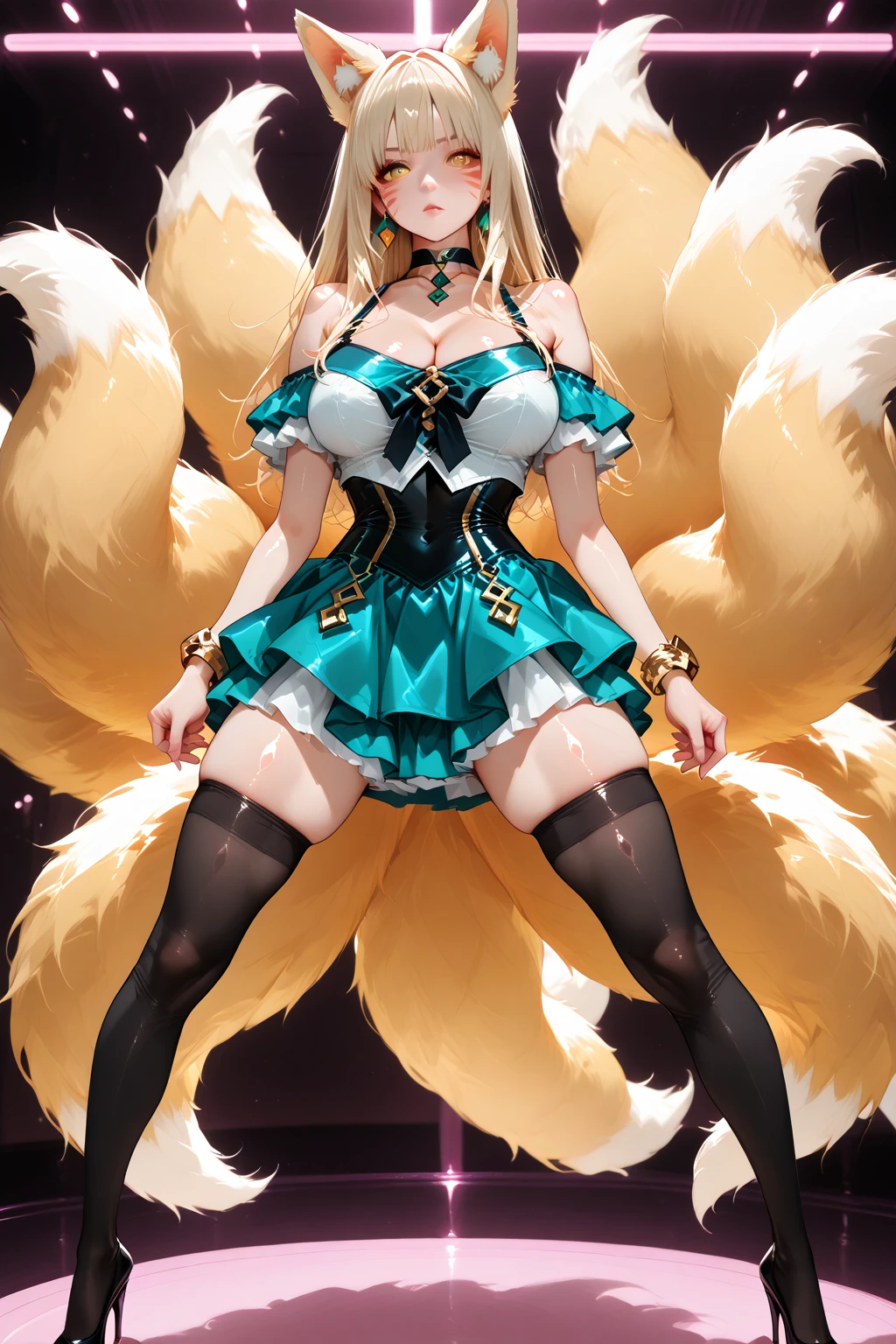Anime girl cat's paw,fox tails,high-heels,anime catgirl, anime cat girl in a maid costume, black lence stockings,High slit low cut skirt,Cat-eared girl,Best Rated on pixiv, pixiv 3dcg, Extremely detailed Artgerm