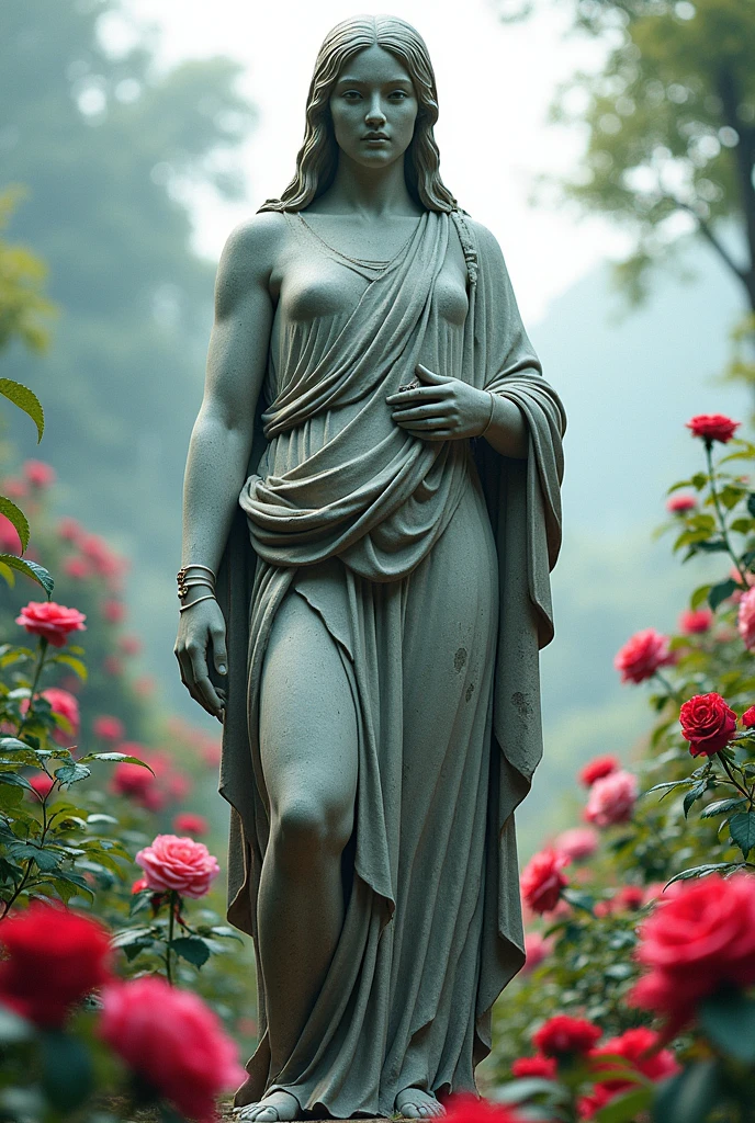 an aged slightly corroded ceramic statue of a female greek goddess, on display in a beautiful garden full of flowers, partially entangled with vines, sun ray, bright lighting