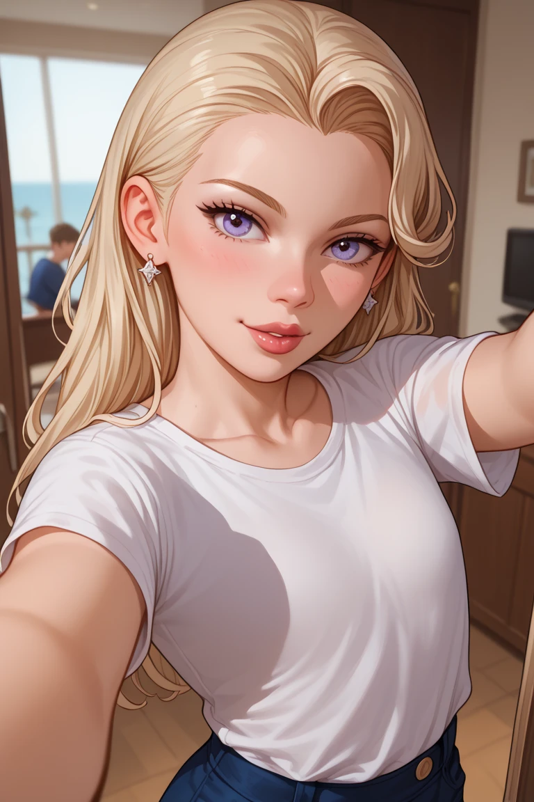 Blonde long hair selfie with a paper in her hand that says the following " hola " In a room 