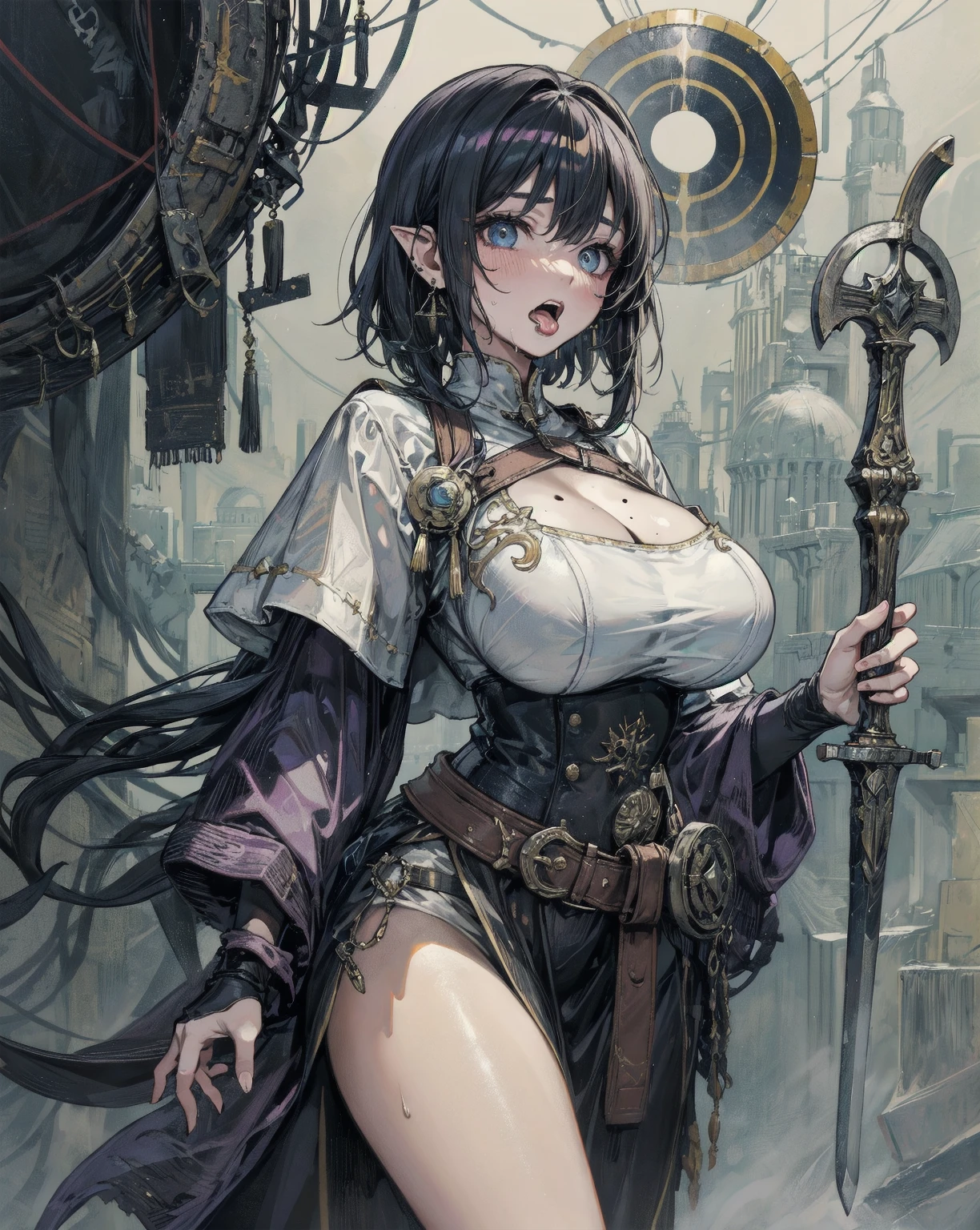 Masterpiece, Best Quality, Realistic Details, High Resolution, High Quality, Anime, Anime Style, Solo Black Woman, Brown Skin, 1girl, Half Minotaur, Beautiful Face Long Brown Hair, Big Muscles, Big Tits, Big Ass, Cleric, Barbarian, Leather Armor
