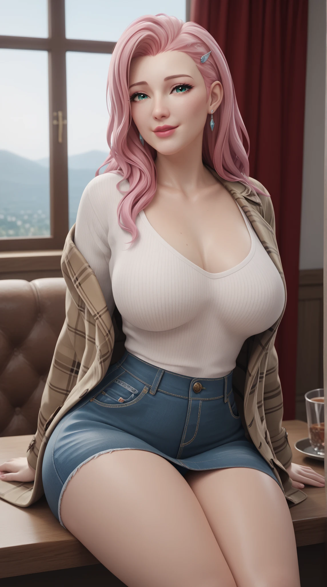 A woman sitting on a bench, big breasts, fake look, eyes are staring into nothing, perfect body, beuatiful, european, wearing shorts, and crop top
