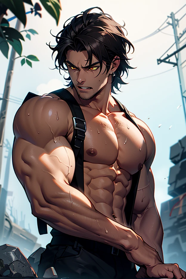 Black hair, black eyes, inch, antiperspirant band, bridge of nose band-aid, grinning, male, muscular, cargo pants, Hiroko hanging a towel, holding a mallet --auto