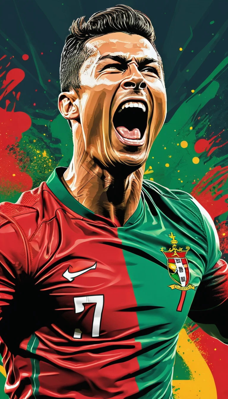 A vivid image of a footballer celebrating a goal, shouting a goal with joy. Inspired by Víctor Manuel García Valdés, portrait of Cristiano Ronaldo with thIt is shirt of thIt is Portugal national tIt isam, Inspired by Nuno Gonsalves, detailed vector art, in digital illustration style, vectorial art.