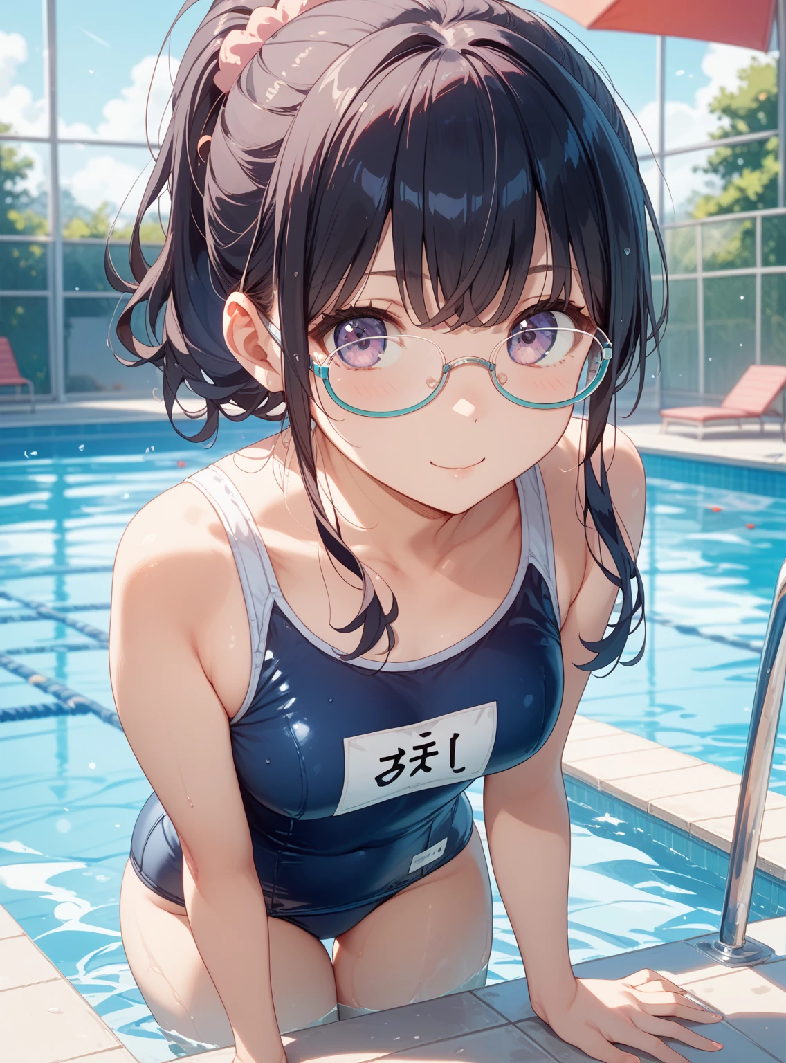 Close-up from the ground, highlighting the curvaceous backward-facing buttocks of a 16-year-old girl wearing glasses. The scene is presented in stunning 8K resolution with super high chroma for a vibrant and lifelike visual experience. Reality is beautifully emphasized as the girl stands in an indoor pool, her thickParse red numbers accentuating her youth and playful energy. She grabs her chest, her black cropped hair slicked back, and flashes a toothless smile, inviting the viewer to join her in the moment. The indoor pool background gleams with reflections, and the sexy pose part 1.5 is accentuated by the way her
