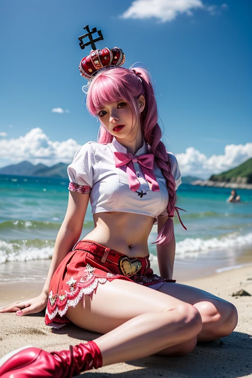 masterpiece, best quality, view from above, 1girl, pink hair, large breasts, white bikini, white sandals, sitting on the beach, watermelon on legs, looking at viewer, emotionless,
<lora:ikaros-nvwls-v1:0.85>, ikaros, robot ears, twintails, ribbon, angel wings, choker, chain,bracers,
beach,