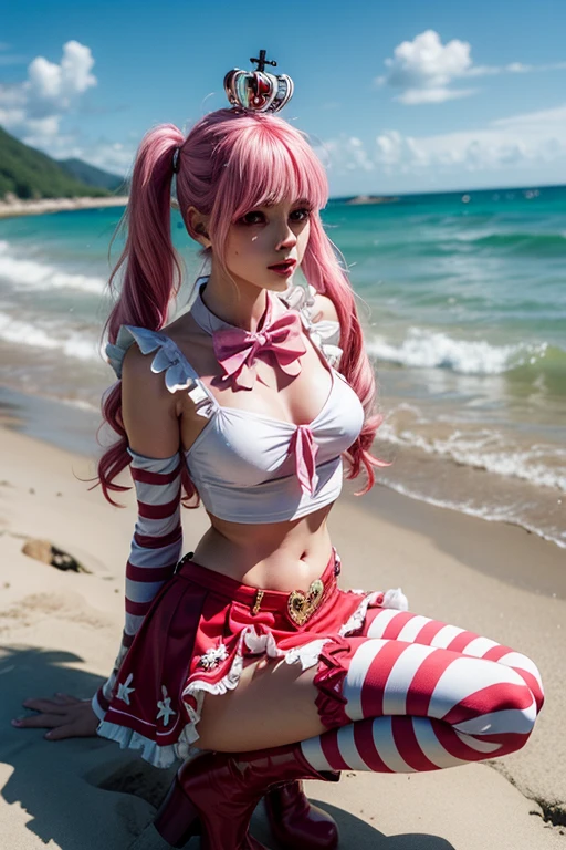 masterpiece, beach, shiny skin, topless, tall, beach, star guardian lux, lux \(league of legends\), star guardian \(league of legends\), league of legends, 1girl, armlet, boots, bow, choker, earrings, elbow gloves, gloves, hair ornament, jewelry, magical girl, pink eyes, pink hair, pleated skirt, purple skirt, ribbon, skirt, smile, solo, thigh boots, thigh-highs, tiara, twin tails, white gloves, <lora:star_guardian_lux-000031:0.4>