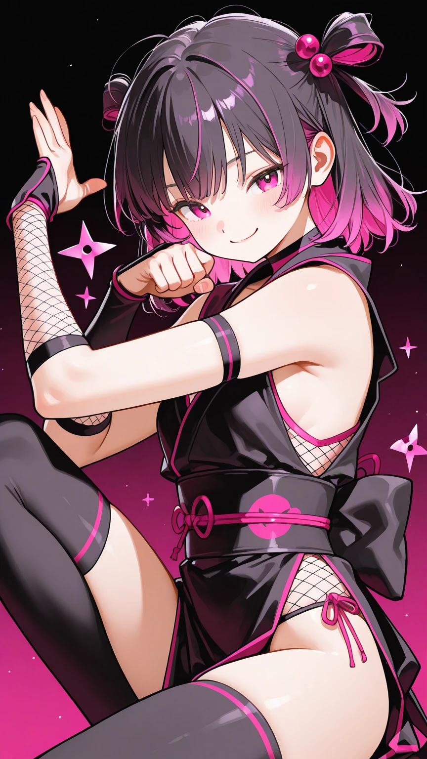 score_9, score_8_up, score_7_up, very aesthetic, source_anime, detailed, high quality, beautiful, masterpiece, detailed eyes,
cowboy shot, upper body, emotionless, looking down at viewer
from behind,
flat chest,
symonne, pale white skin, black hair, two-tone hair, purple hair, multicolored hair, gradient hair, french braid, purple eyes, twintails, hair ornament, red nails, half-closed eyes,
(sideless outfit), revealing clothes, belt, black thigh highs, choker,, zPDXL,two hands,five fingers,sadistic smile,deep shaded face,singlebraid,smile worst,worst ridecule,evil moukery,latex thighhigh socs,laugh full of malice,,A face full of evil,Too evil ridicule