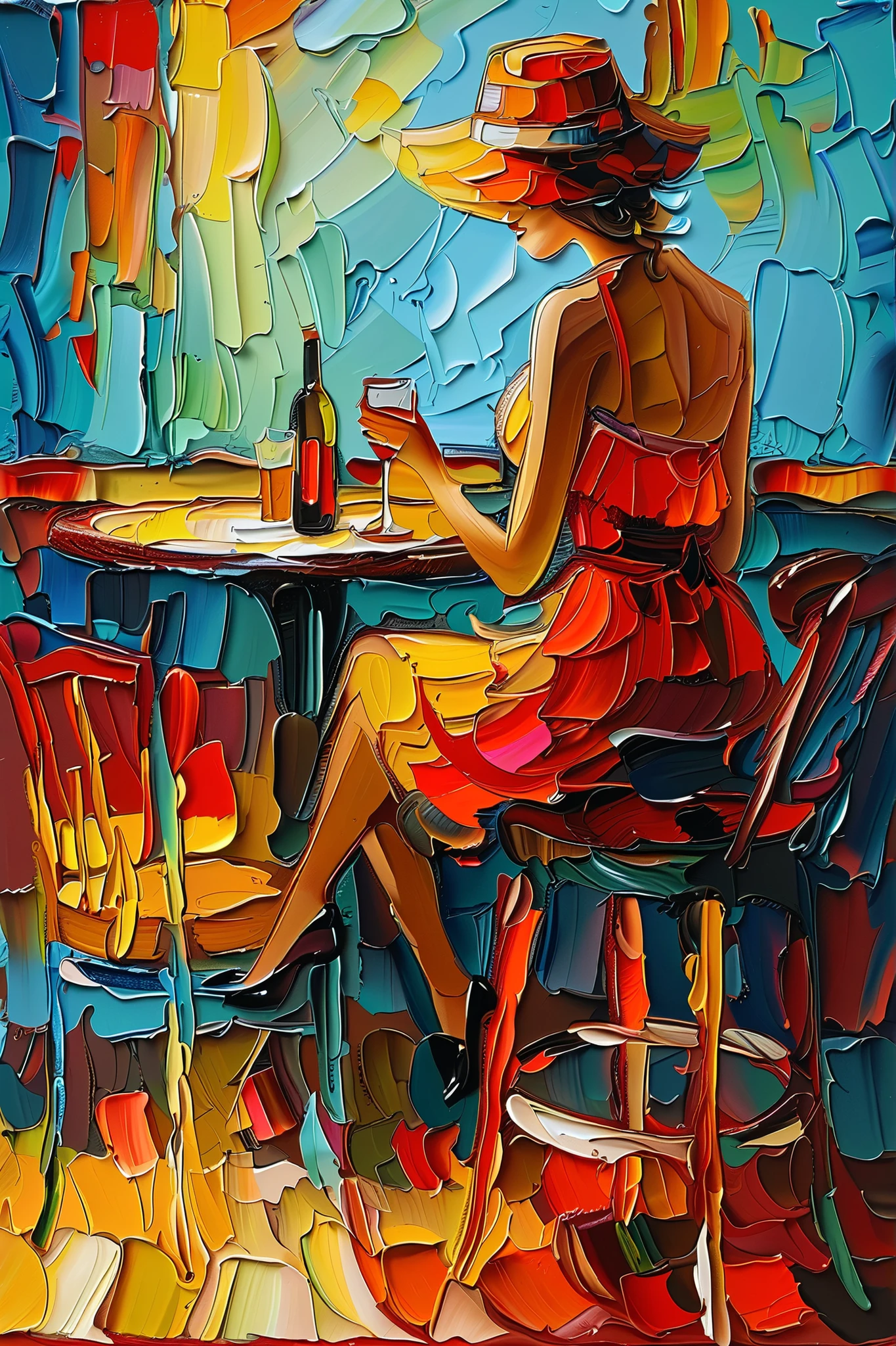 An impressionist-style oil painting, de textura espessa, brushstrokes of, dry brushing , revealing lower layers , a silhouette of a young woman sitting on a chair at a bar table having a drink, romantic environment illuminated by a faint red light, cortinas ao lado