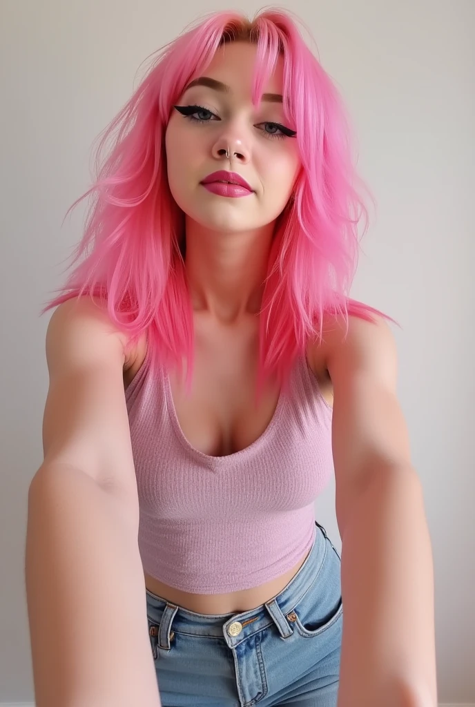 uma mulher com cabelo rosa e um top preto posando para uma foto, corpo rosa, menina cor-de-rosa, com cabelo rosa, corpo chiclete, algum rosa, cabelo rosa, rosa desbotado, tom de pele rosa pastel, 2 Modelo feminina de 4 anos, Ela parece uma mistura de Grimes, pele rosa lisa, ava max, cabelo rosa claro, cabelo rosa longo, Kailee Mandel