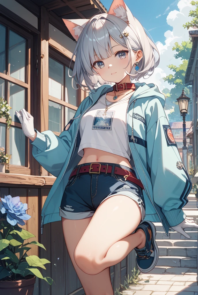 Highest quality,8k anime drawing,High definition,Girl:1.2,(Completely naked),With bangs,smile,8 heads,navel,Tank top,lob hair, Small breasts, very short pants, white short hair, Weight 165cm, stand, Moe sleeves