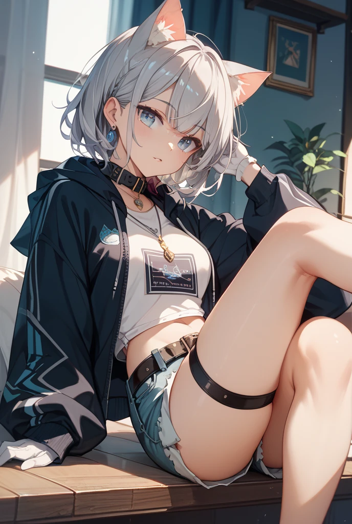 [anby demara], ((masterpiece)), ((solo portrait)), ((foot focus)), ((low angle view)), ((HD)), ((High res)), ((anime)), ((detailed shading)), ((cinematic lighting)), {(athletic figure), (cute orange eyes), short eyelashes, short white hair, (defined toned legs), (beautiful feet), (blank expression)}, {(black headphones), (white sleeveless crop top), (midriff), (short black skirt), (spandex shorts under skirt), (black stirrup thighhighs), (thong straps on hips)}, {(laying on couch), (looking at viewer)}, [ambient lighting, messy living room, moonlight]