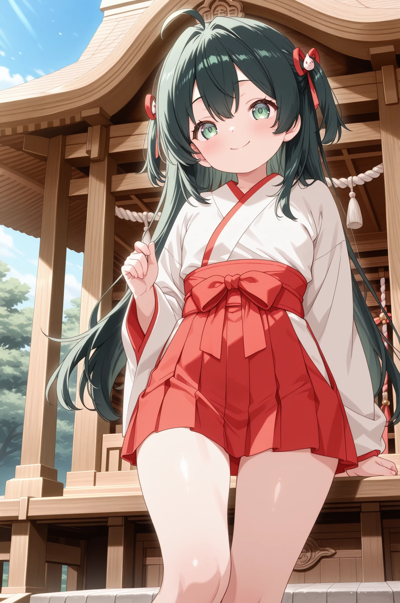 NSFW,Long Hair、Green Eyes、bangs、Pointed Ears、hair ornaments、White Hair、Symbol-shaped pupil、Multicolored Hair、Side Ponytail、Gradient Hair、Green Hair、Hair between the eyes、Cross-shaped pupil、smile、gem、葉っぱのhair ornaments、bracelet,Shrine maiden、kimono、Sleeveless,Hakama Short Skirt,(Sideboob:1.5),(Perfect hands),(Perfect Anatomy),(masterpiece),(highest quality),(Embarrassed:1.5),blush,Shy laugh,shrine,torii,Japanese style,Crouching with legs apart,First Person View