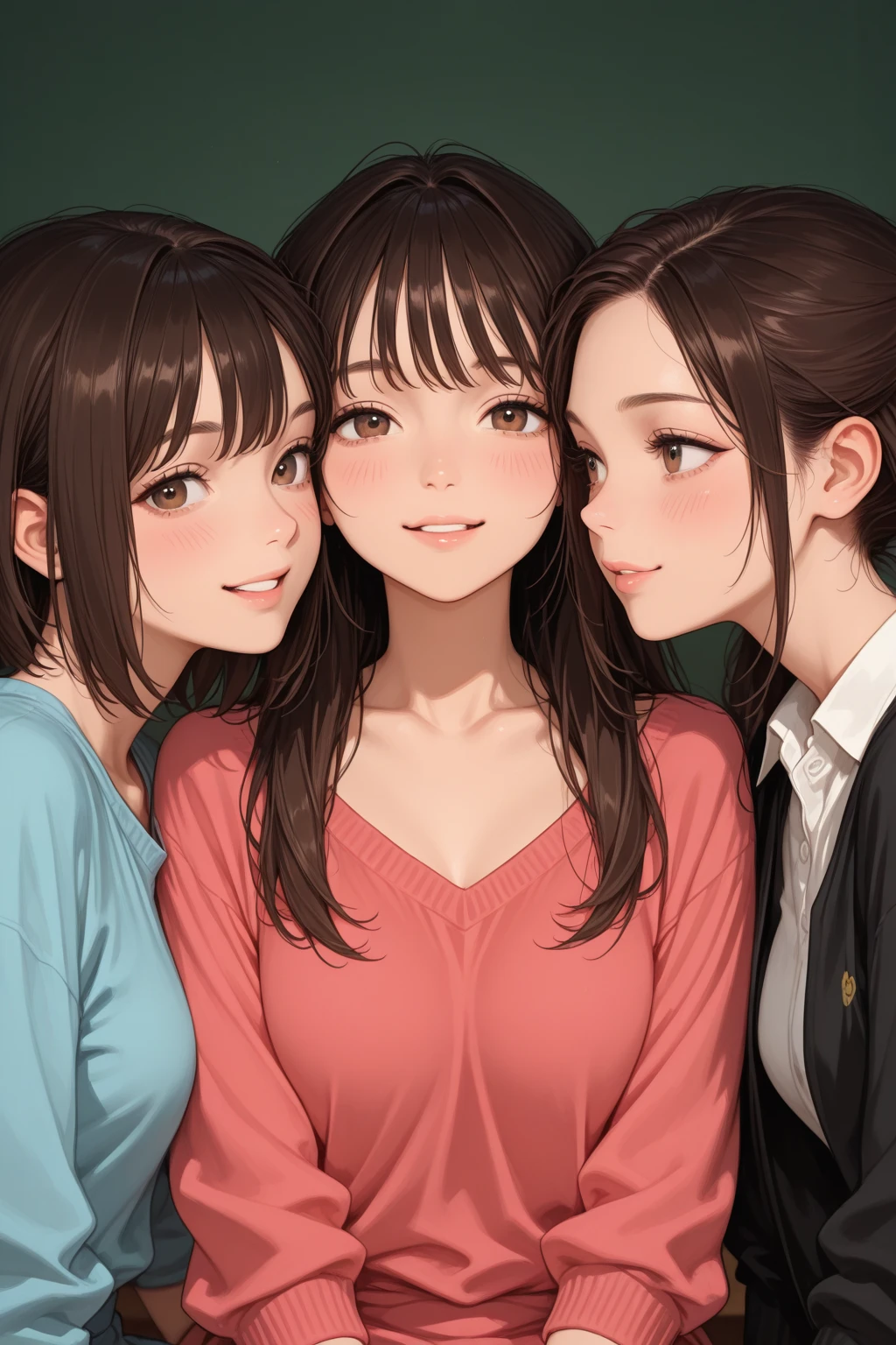 Realistic, 2 girls, selfie, face sitting on extra large zoom bed, face enhancement, smile, looking up, looking here, cleavage emphasis