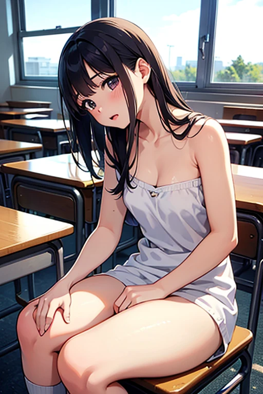((best quality)), ((masterpiece)), ((detailed)), (((perfect face))), (((slender 18yo teenage girl))), ((((medium breasts)))), ((((topless)))), ((((dark blue pleated skirt)))), ((dark brown hair)), ((short ponytail)), (((blue eyes))), ((shy:1.3)), ((blushing:1.5)), (((bare chest))), ((bare stomach)), ((bare shoulders)), (((bare arms))), (((walking))), ((((fancy café, windows)))), (((walking))), (((shy arms))), (((looking at viewer))), (((open front door))), ((((detailed background))))