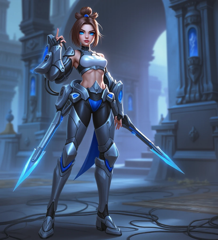 League of Legends((Katarina)), Katarina, beautiful female assassin, ((Realistic)) and watercolor drawing of a girl with goth colors. She's having ((Ruby hair)), dressed in (black colored leggings:Star motif ), ((Beautiful and aesthetic)), There is a stab wound in the right eye, muscular fit body abs, ((There is a tattoo on the waist)), Sexy, Long legs，under-boobs, ((full bodyesbian)), There is a dagger next to the thigh, There is equipment on long shoes, Hot, (star filled sky background) (Clear background:1.35), (Particle, Firefly, blue glowing):1.3, hyper HD, A high resolution, Complete body, Full body shot, in a panoramic view, full bodyesbian, Complete body, Gothic art, ((Best quality)), High details, High quality, Best quality, 8K