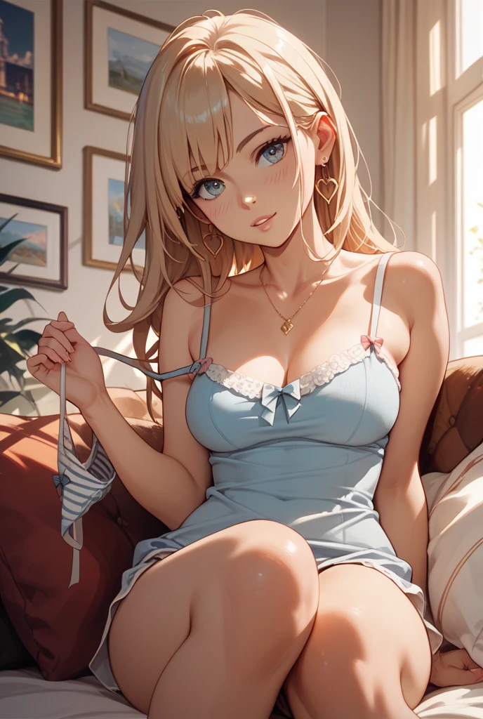 Photorealistic:1.5, Beautiful woman, hairstyle that bounces outward, (medium hair:1.5), (platinum blond hair:1.5), (platinum blond colored eyelash:1.5), (parted bangs:1.5), (amber color eyes:1.5), (sleepy face:1.5), blush:1.2, (tilt one's head:1.5), (hairpin:1.3), (masterpiece:1.3), (best quality:1.3), high-resolution, Head-on angle, Body facing forward, solo, beautiful detailed eyes, mid day, (((best quality, textile shading, ultra detailed))), extremely detailed CG unity 8k wallpaper, Highly Detailed beautiful and aesthetic, high resolution, detailed, dramatic lighting, 1Character, soft, gentle colors, (small breast:1.5), (blue camisole:1.5), (super long hem summer cardigan:1.5), (skinny:1.5), blur background, downtown:1.5, squatting:1.2, armpit:1.5,