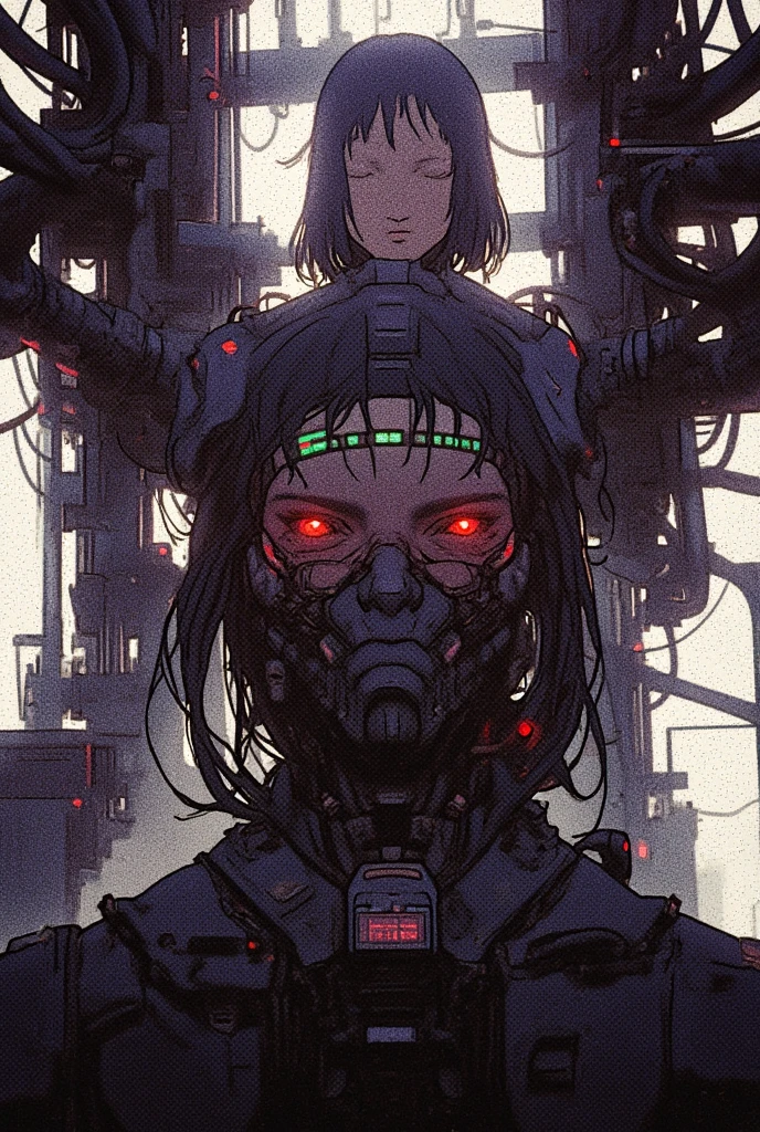 horror illustration, anime, 1girl, solo, cute ginger woman with long hair standing in line at a a biogel dispensary, robotic limbs, metal musculature, bleak cyberpunk