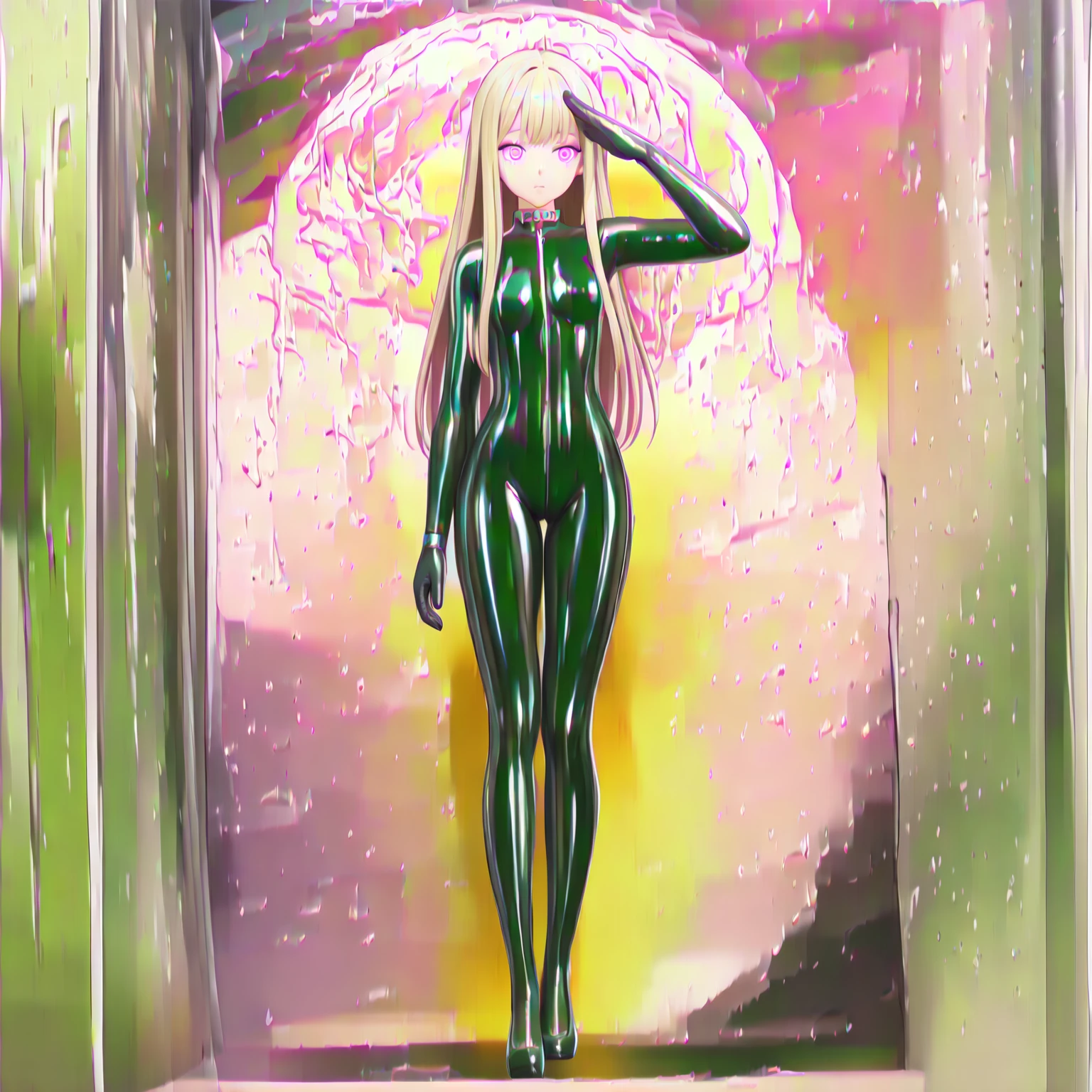 the real thing、女の子1人、a blond、Longhaire、green colored eyes、toddlers、(small tits)、pointed Nipple、((rubbersuit:1.5))、((big breasts thin waist))、a wet body、Cowboy Shot、facing front、Shiny body、pee、Looking at the camera、masterpiece, Shoot head-on