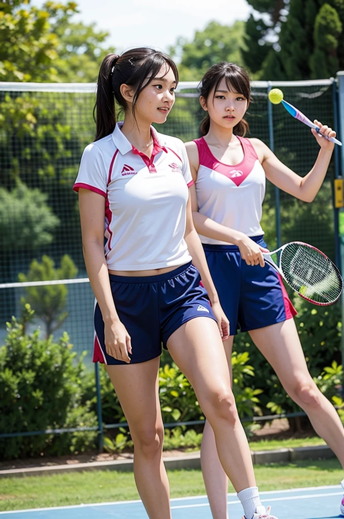 (from below:1.5)、(Tennis Wear、Micro Mini Skirt、Sleeveless、Ass、Black Hair、Big Ass、Outdoor tennis court、White high leg panties、thong)、Extremely sexy、smile、Professional Lighting、Small waist、Beautiful adult woman、Captivating thighs、Very large breasts、Cleavage、Are standing