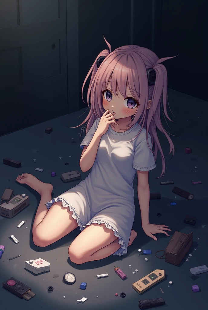 1girl, pipkin pippa, hair ornament, pink hoodie, pink hair, braids, pink eyes, rabbit ears, blank eyes, crime scene, blood on floor, sitting on floor, surrounded by police, indoors, Walmart, supermarket, detailed interior,  <lora:char-pippa:0.8>,