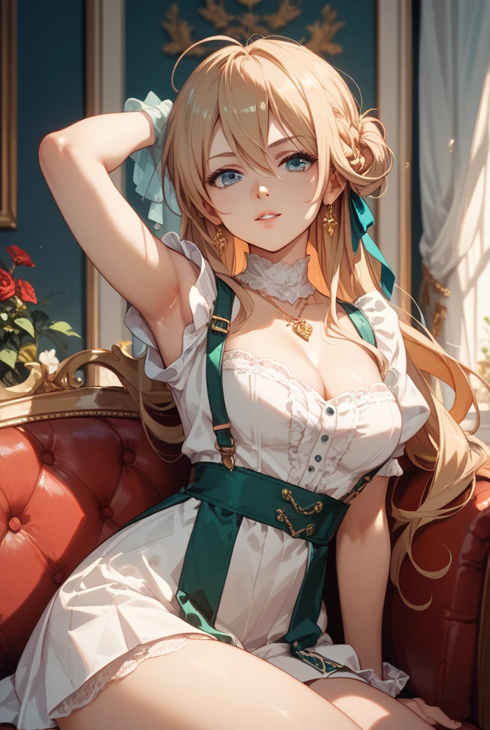 masterpiece, best quality, 1 solo girl, light brown hair, green eyes, long hair, medium breasts, sexy body and face, wavy hair, smile, early 1800s modest dress with silk or cotton, bonnets, corsets with aristocrat status, shawls, white gloves, high necklines, long sleeves, and a fitted bodice with a full skirt, under tied the chin, with ribbons, open bra, open panty, pendant, bracelet, jewelry, earrings, feather hair ornament, book, lying at the bed, night, sexy pose, cowboy shots, detailed body, face, and eyes, sharp focus, vibrant, creative, dynamic, high definition, high resolution, 8k, (Upscale: R-ESRGAN 4x+ Anime6mage enchance:4x), voluptuous body, cinema lightning, dakimakura style, looking at the viewer
