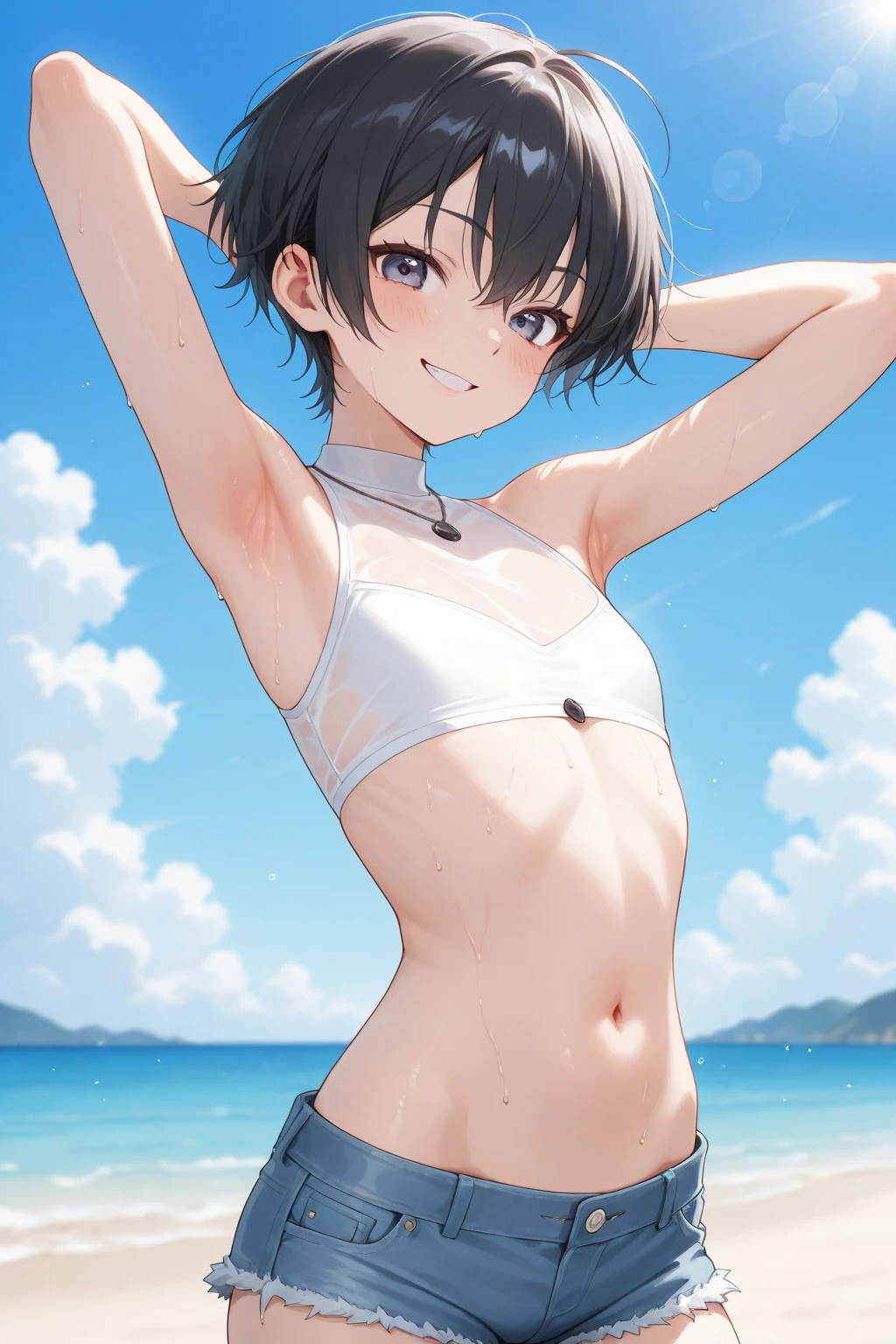 Anime style,Summer sky、Into the cloud、1boy,, hansome boy, cute face, adorable boy, beach, coconut tree, Cheerful boy。Tank Tops、body only, 、show his armpit, Cute armpit, Sexy armpit, beautiful armpits, seductive armpits, a Boy cutely shows his armpit, Such  a cute smooth armpit, The armpits of a 12 year old boy, Adorable little armpits, Give me a proportional picture of a 12 year old boy's armpits,, Shine closer to the armpit, boy focus