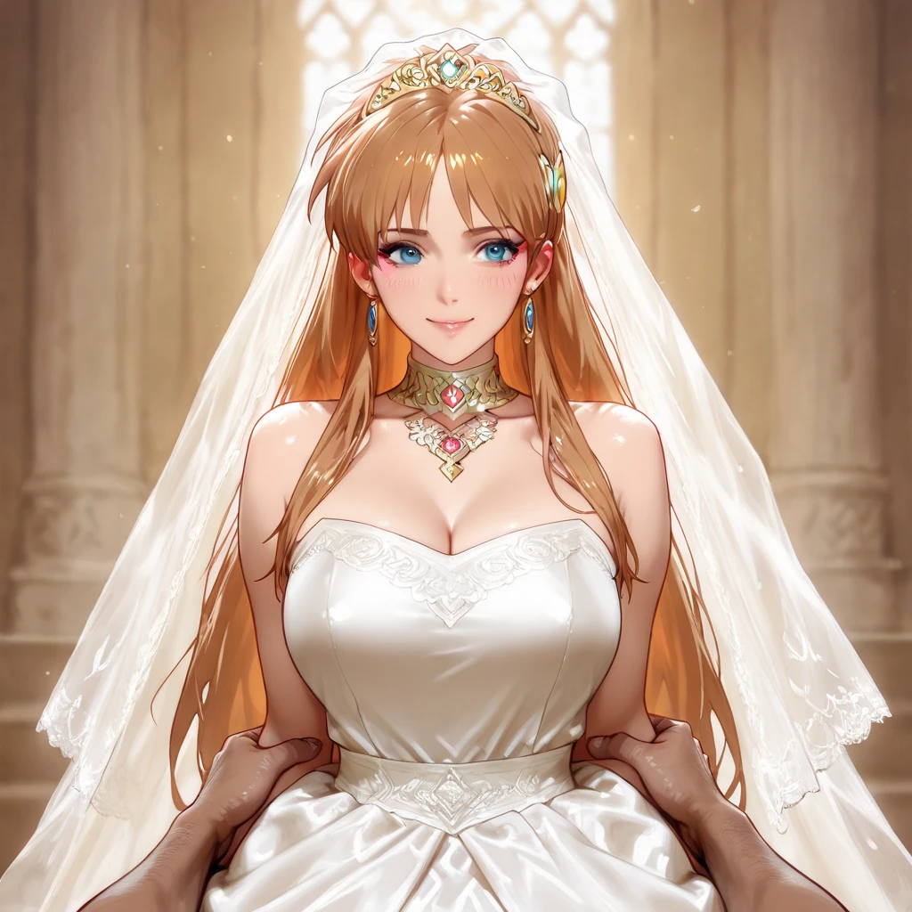 ((Highest quality)), ((masterpiece)), (detailed), （Perfect Face）、The woman is Maya Cordelia, the Demon King's bride, with orange, semi-long hair. She is adorned in a luxurious black mermaid-line wedding dress with lavish gold embroidery and edging, along with a black wedding veil and extravagant accessories.、The woman is getting married to the evil demon king's man.