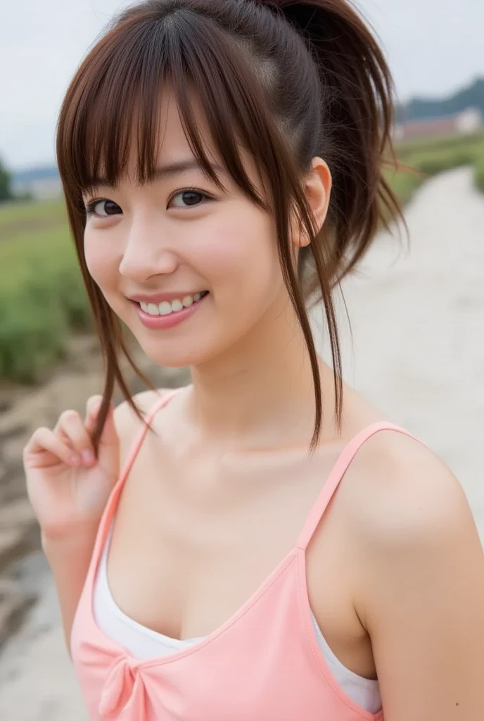 highest quality, masterpiece, Ultra-high resolution, (Realistic:1.4), 20-year-old,1 girl,super high quality,8k,thinウエスト,thin脚,thin and beautiful arms,Beautiful fingers,Sale eye makeup,thin,Mid-chest,Soft Breasts,Dodger Stadium,Wearing a Major League Dodgers uniform,((Pink ponytail and hair tie)),((Bangs short)),Realistic,Image Media Chest)),((Smiling with teeth showing)),((Big smile))