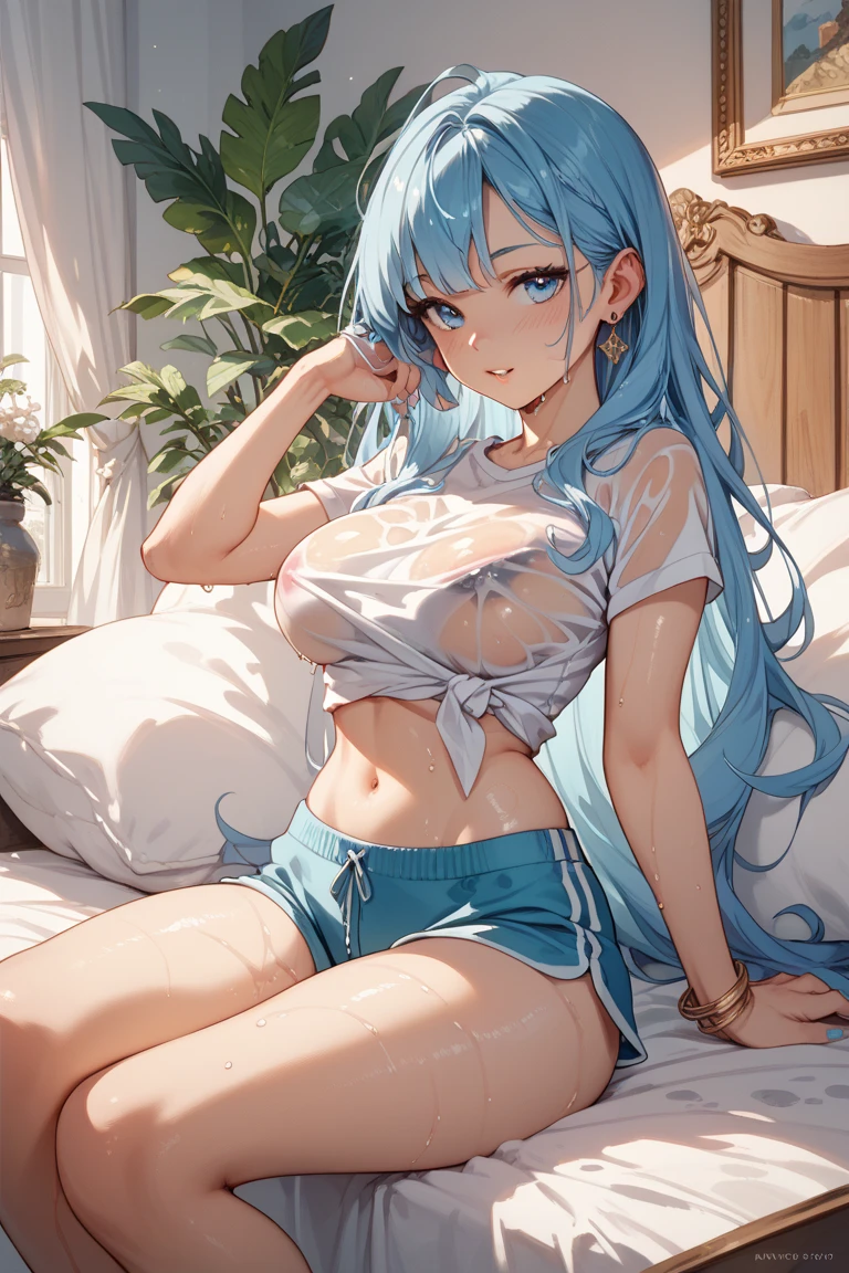 Character Details:, - Gender: 1 Girl.
- Style: Anime, - Body Type: Attractive body, slim body, nice legs, slim tights, wet tights, nice arms, nice shoulders. - Breast: (Small Breast:1.2), (Cleavage:1.1), (Nipple:1.1).
- Facial Feature: Beautiful, Gorgeous, Teenager, Fresh, Young.
- Expression: Shy, Pink Blush on Face, Pink Tongue, Sexy Eyes, Sexy Look, (Sweating:1.4), Innocent Look, Tipsy. - Hairstyle: Blunt Bangs, Long Hair. - Hair Color: (Light Blue Hair:1.5), (Messy long Hair:1.3),
- Clothing: (Yukata:1.4), (Off-Shoulder:1.3),. - Body Pose: (bend over:1.4), (Hands on Knee:1.4),. - Behaviour: Waiting, Want Something, Secretly.
- Accessories: Earrings, No Hair Accessories, Environmental Details:, - Setting: Bed Room., - Lighting: Natural Light., - Decoration: Modern Bed, Chair, Window, White Curtain, City View. Top view. pov, anime style, UHD, retina, masterpiece, accurate, anatomically correct, textured skin.