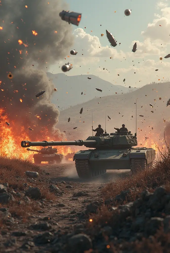 The tank is firing its cannon, and there are other war vehicles behind it, fighting with the magician.