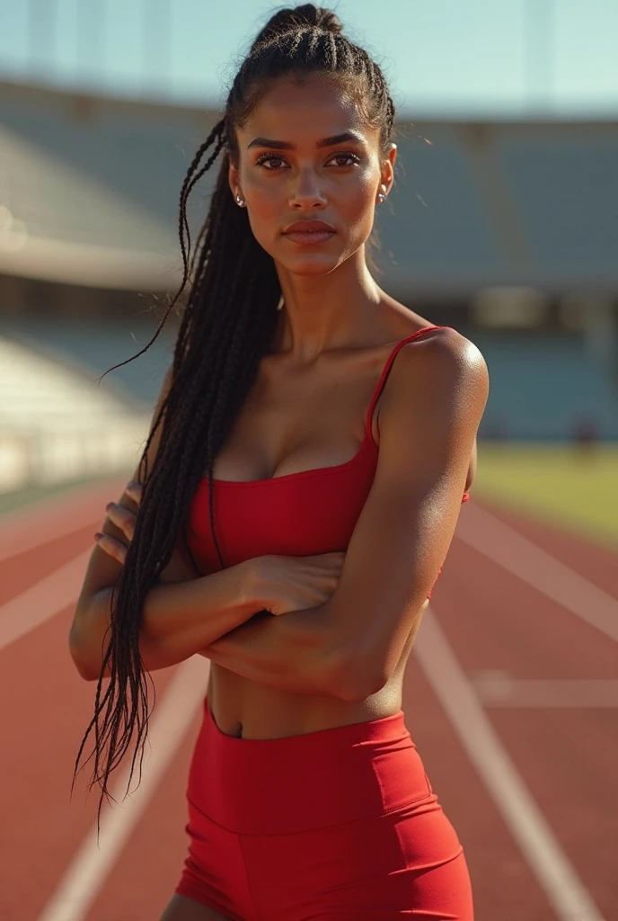 (masterpiece),(Highest quality),(Super detailed),(Ultra-high resolution),(Photorealistic Stick),(RAW Photos),8k,wallpaper,Backlight,(Written boundary depth),(Sophisticated lighting), (Improving cinematic lighting quality),photo of a dressed woman,Track and field athlete,Portrait Photography,Beautiful woman,(whole body:2.0),(Eye light,Sharp pupils,Detailed eye drawing),(Detailed skin texture:1.6),Dreadlocks,(Big Ass:2.0),(Muscular:2.0),Looking at me,(front),BREAK(Racing Bra),(Racing Bloomer),(Athletics Stadium:1.6),(Rear view:2.0),(Detailed Female Hands:1.6),(sexy:2.0)