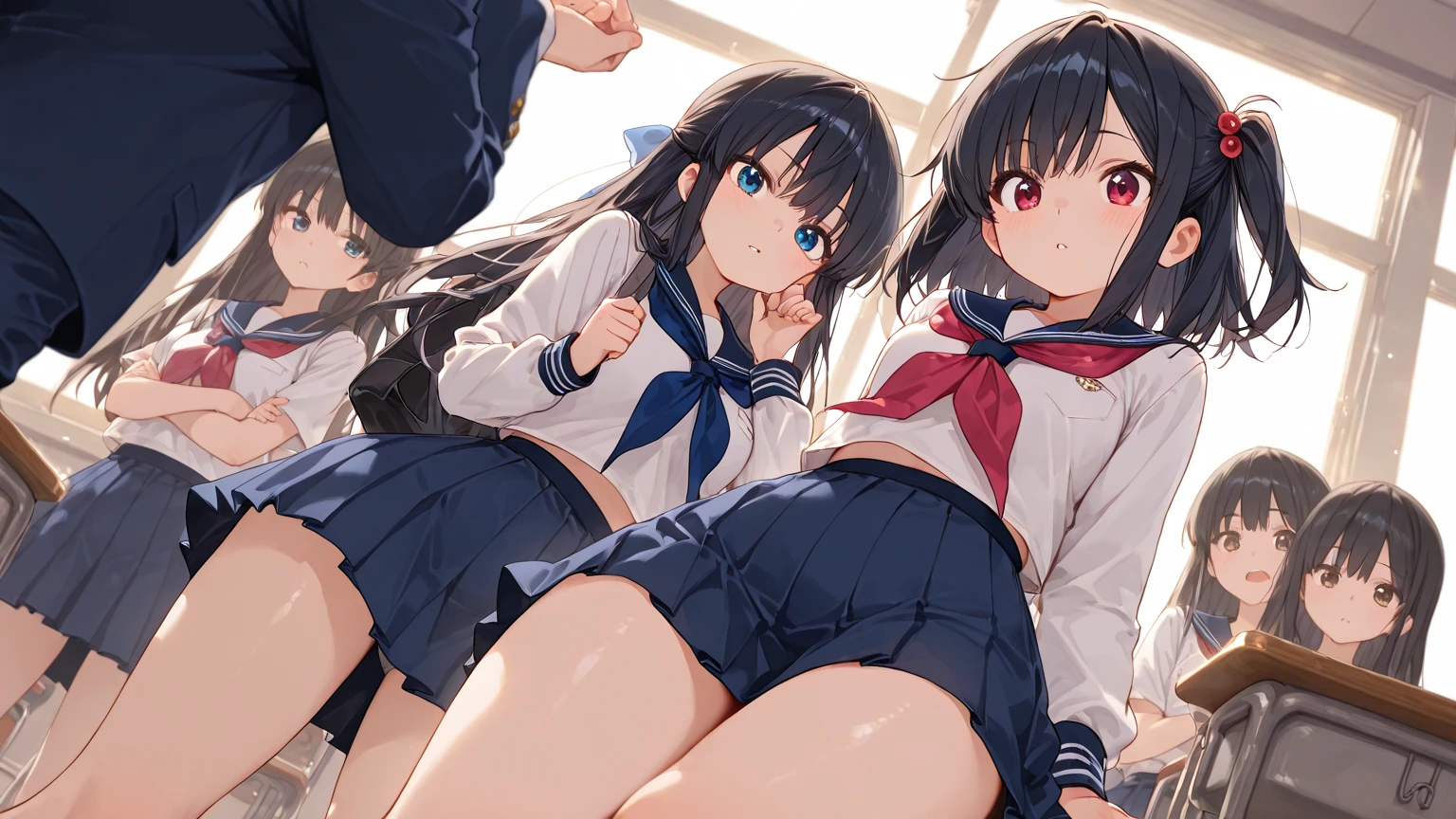 Highest quality，(Beautifully detailed white panties)，They look at me teasingly.，(Stupid smile),on the train,(They are excited to show their panties:1.3)，(They force me to masturbate in their panties)，(There are three girls staring at me)，(The smell of female is filling the air)，steam、High humidity