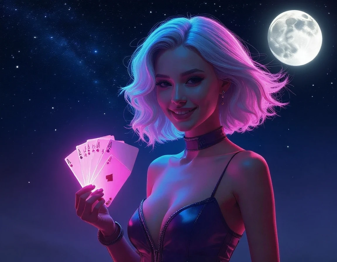 An extraordinary hyperrealistic painting capturing a stunning woman playing poker across a table in a spaceship. The table is filled with poker cards and chips. Through the window, a mesmerizing view of the galaxy can be seen, with stars illuminating the background. Top-notch quality, meticulous details, vibrant colors, and high resolution.