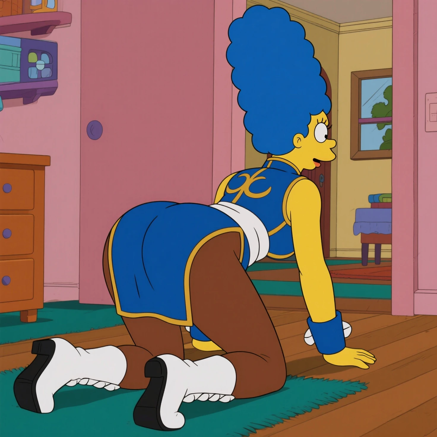 1 boy, Furry, blue fur, Gumball Watterson, effeminated male, bedroom, fat ass, wide hips, curvy male, flat chest, femboy, tall, full body, voluptuos, masterpiece, ultra high quality, detailed hands, detailed body, small penis, cheerleader outfit, heels, side view, doggy style, shortstack, creampie, cum on anus, cum on floor