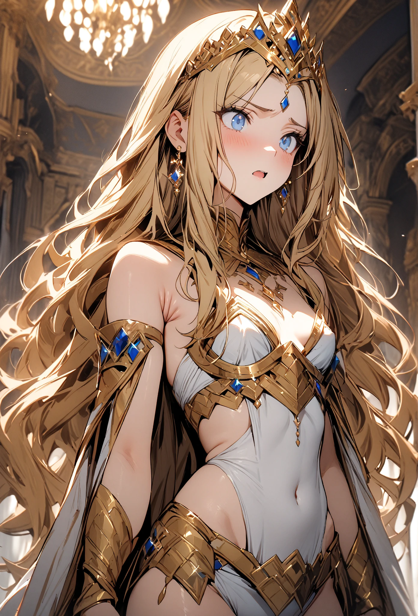 Warrior standing confidently before a great throne in an expansive temple. The warrior's resplendent red and gold armor resonates with the vibrant tones of the temple. Her long golden hair captures the ethereal light flowing into the temple, accentuating her aura of confidence and authority. The artwork highlights the perfection of his body with intricate details. --v 5 --style 1000, Anime style.