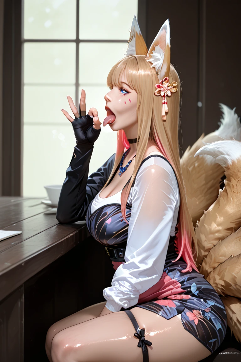 score_9, score_8_up, score_7_up, realistic, ,BREAK,1girl, solo, huge breasts,puffy lips, (long lashes:1.1), disappointed, jelohruedef, huge breasts, thick thighs, fox girl, yellow eyes, slit pupils, blonde hair, fox ears, hair between eyes, crossed bangs, long hair, multiple tails, cleavage, frilled hairband, detached collar, magatama white choker, detached sleeves, wide sleeves, ribbon-trimmed white sleeves, japanese clothes, red pleated skirt, white apron, hip vent, ribbon-trimmed white thighhighs,cyberpunk city, night, vivid lighs, advertising, neon lights, looking at viewer, sitting