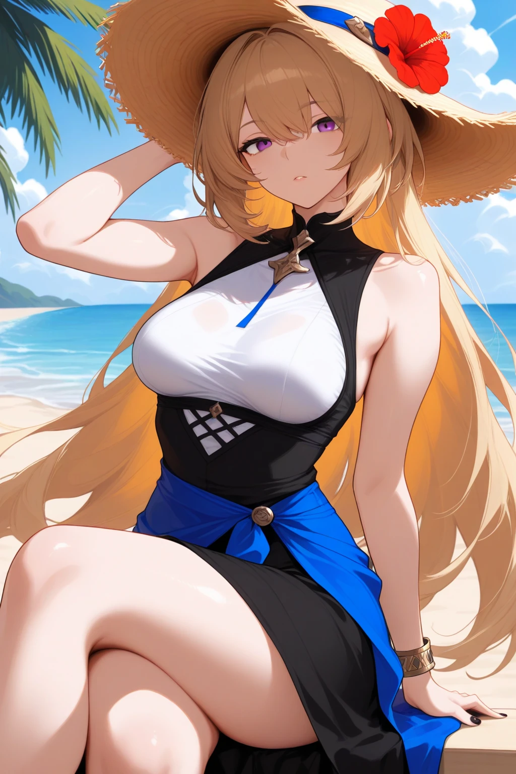 1girl, blonde hair, long hair, green eyes, large breasts, breasts, wide hips, thick thighs, wide hips, athletic female, toned, toned female, tall female, smile, bikini, highleg bikini, highleg, micro bikini, string bikini, yellow bikini, black trim, number, numbered, numbers, bat, baseball cap, cap, hat, text, stadium, smile, gloves, thighhighs