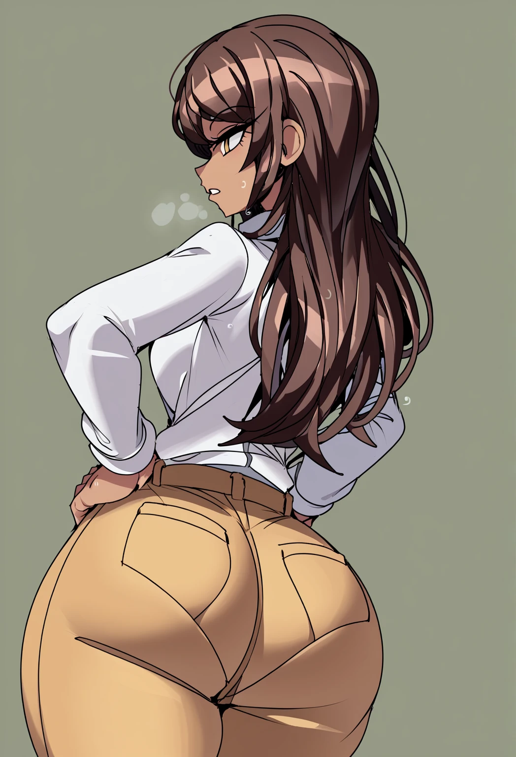 Teenager, Koyomi Mizuhara, Brown hair, long hair, round sunglasses, face, features, fit body, medium breasts, tucked in shirt, medium leather black pants, socks, sneakers, studio background, view from behind, tight butt cheeks, skin tight, wallpaper, firm ass, late 90’s, standing, side portrait, belt